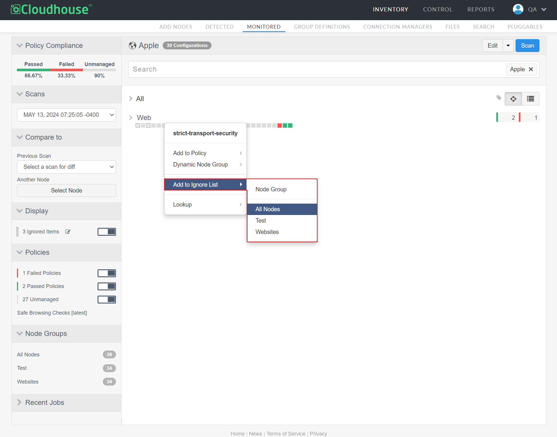 Screenshot of a node's scan results with the context menu displayed and the Add to Ignore List option highlighted